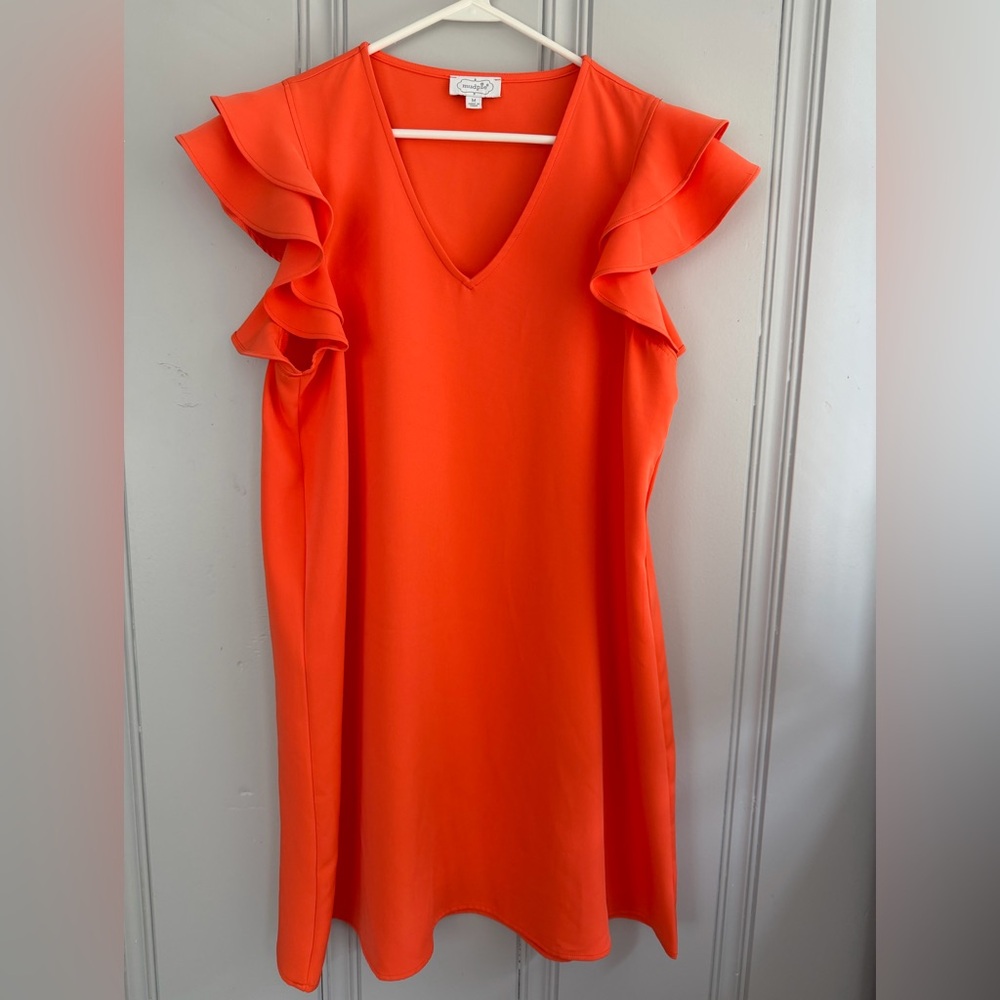 Mud Pie Bright Orange V-Neck Mini Dress with Ruffle Sleeves